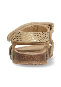 Hellbraune Wildledersandale mit metallisch goldenen Akzenten, verstellbarem Riemen, gepolstertem Fußbett und strukturiertem Korksohle. Rückansicht zeigt Designelemente.