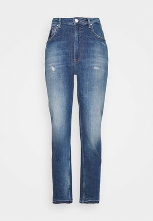 Hoch taillierte blaue Jeans aus Denim mit verwaschenem Finish, leichter Distressierung an der Vorderseite, Fünf-Taschen-Design und Reißverschluss mit Knopfverschluss.