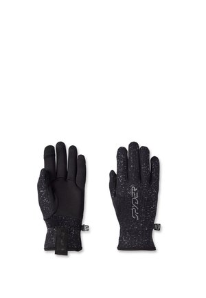 Paire de gants en maille noirs avec paumes texturées et taches réfléchissantes, montrant les vues avant et arrière sur fond blanc.