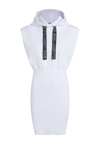 Balta su gobtuvu su prigludusia siluetu, raukšlėta tekstūra ir kontrastingomis juodomis raištelėmis su prekės ženklu. Trumpi rankovės, iki kelių ilgio.