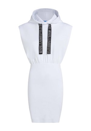 Witte hoodie jurk met een aansluitende pasvorm, geribde textuur en contrasterende zwarte koordjes met de merknaam. Korte mouwen, knie-en lengte.