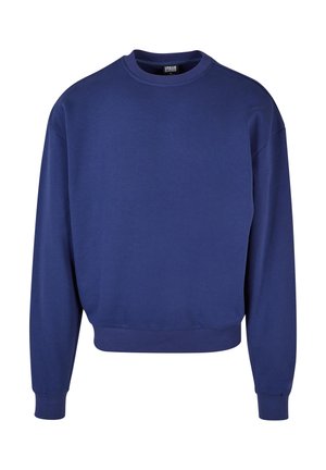 Sweatshirt bleumarin cu guler rotund, manșete și tiv cu nervuri. Fabricat dintr-un material neted, cu croială lejeră și umeri căzuți.