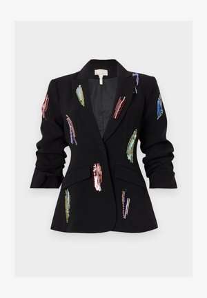 Blazer noir ajusté avec manches froncées, un bouton unique, poches à rabat, et ornements verticaux colorés en sequins éparpillés sur le devant et les manches.