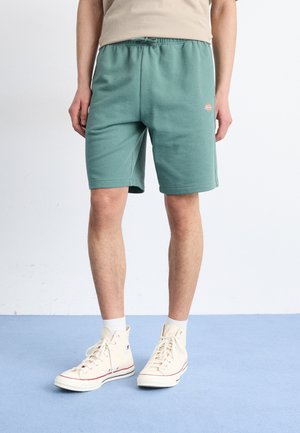 Pantalones cortos de sudadera verde menta con cintura elástica, un pequeño logo en el lado izquierdo y una textura suave; combinados con zapatillas altas blancas.