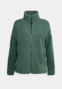 Giacca in pile verde con colletto alto, zip completa, tasche laterali e tessuto strutturato. Presenta cuciture rinforzate e minimi dettagli in metallo.