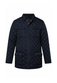 Granatowa pikowana kurtka z kołnierzem, dwoma kieszeniami na piersi i dwoma dolnymi kieszeniami. Materiał jest gładki z teksturowanym, diamentowym wzorem.