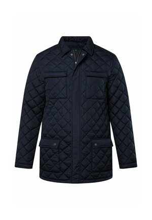 Giacca trapuntata blu navy con colletto, due tasche sul petto e due tasche basse. Il tessuto è liscio con un motivo a diamante testurizzato.