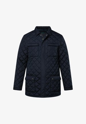 Chaqueta acolchada en color navy con cuello, dos bolsillos en el pecho y dos bolsillos inferiores. La tela es suave y presenta un patrón de diamantes texturizado.