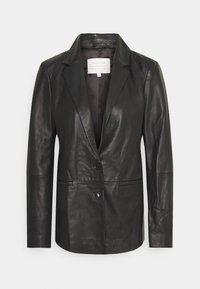 Musta nahkainen bleiseri kauluskäänteellä, yksirivisellä napituksella ja kahdella etutaskulla. Sileä pinta ja räätälöity istuvuus.