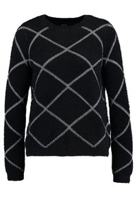 Zwarte, pluizige trui met lange mouwen en ronde hals, voorzien van een diamantpatroon in zilverdraad. Zachte textuur, casual pasvorm.
