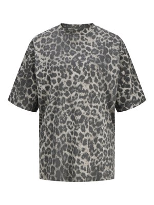 Kortermet t-skjorte med rund hals og svart og grå leopardmønster, vist på hvit bakgrunn.