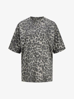 T-shirt à manches courtes et col rond avec motif léopard noir et gris, présenté sur un fond blanc.