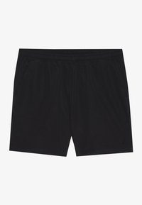Black shorts with an elastic waistband, side pockets, and a smooth, lightweight fabric. Simple design with no visible patterns or accents.