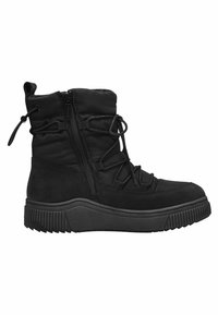 Bottes noires mi-mollet avec un dessus en textile lisse, fermeture à lacets à l'avant, fermeture éclair sur le côté et semelle en caoutchouc texturée. Dotées d'un col rembourré et de coutures contrastantes.