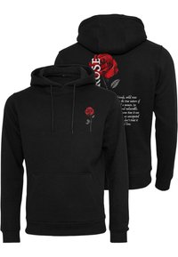 Felpa nera con tasca frontale, caratterizzata da un piccolo graphic di una rosa rossa sul lato sinistro del petto e da un design di una rosa più grande con testo sul retro.