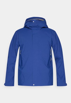 Blauwe waterdichte jas met een capuchon, voorzien van twee zijritszakken, minimalistisch ontwerp, gladde textuur en zonder zichtbare logo's of patronen.