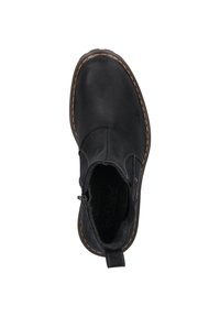 Schwarze Leder-Ankle Boots mit runder Spitze, genähten Details, Zuglasche und seitlichem Reißverschluss für einfaches Anziehen. Weiches Innenfutter.