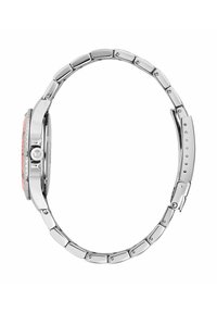 Orologio da polso in acciaio inossidabile con quadrante rosa, cassa rotonda e elegante bracciale metallico con maglie ovali e fibbia di sicurezza.