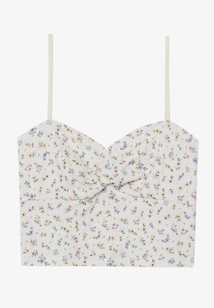 Blomster crop top med tynne stropper; hvit base dekorert med små rosa, gule og lilla blomster; vridd frontdetalj; lett stoff.