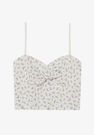 Blomster crop top med tynne stropper; hvit base dekorert med små rosa, gule og lilla blomster; vridd frontdetalj; lett stoff.