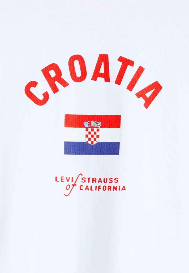 White fabric with red text "CROATIA" above a Croatian flag and red text "Levi Strauss of California" below.