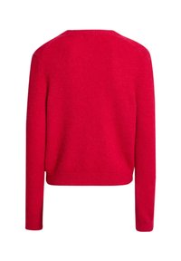 Maglione rosso cropped con maniche lunghe, realizzato in un morbido tessuto testurizzato. Presenta un collo rotondo e una minimale decorazione sul retro.