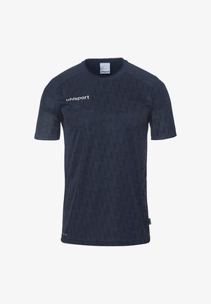 Navyblaues kurzärmliges Hemd mit einem strukturierten geometrischen Muster. Verfügt über einen Rundhalsausschnitt und ein Markenlogo auf der linken Brust.