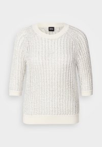Witte textuursweater met een gebreid patroon, ronde halslijn, driekwartmouwen en contrasterende ribgebreide manchetten en zoom. Merklabel: BOSS.