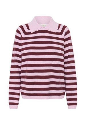 Pull à manches longues avec de larges rayures horizontales roses et bordeaux, et un col pointu rose doux.