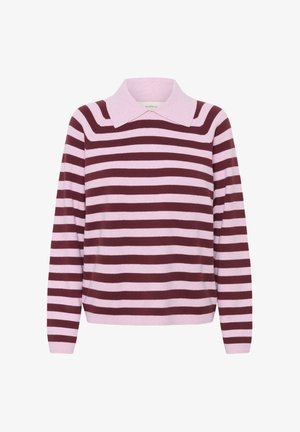 Pull à manches longues avec de larges rayures horizontales roses et bordeaux, et un col pointu rose doux.