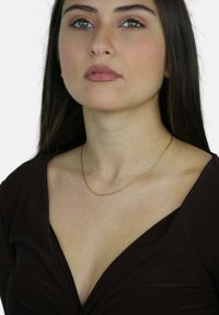 Collana d'oro indossata su un collo nudo, che complemente una maglia marrone a maniche lunghe con scollatura a V profonda. Texture liscia, design minimalista.