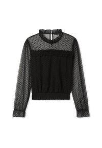Blusa nera con tessuto trasparente a pois, colletto arricciato, vita elasticizzata e maniche lunghe a sbuffo con polsini aderenti.