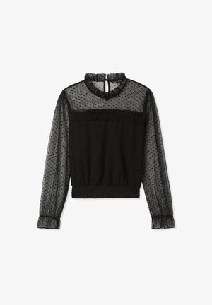 Czarna bluzka z przezroczystej tkaniny w kropki, z falbaniastym kołnierzykiem, elastycznym pasem w talii oraz długimi puffami z dopasowanymi mankietami.