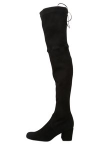 Botas negras de ante hasta la rodilla con tacón cuadrado, que cuentan con una punta redondeada y detalle de cordones en la parte superior. Textura suave en todo.