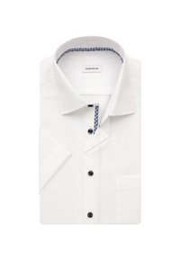 Camicia bianca con interno del colletto a motivo a contrasto, bottoni neri, maniche corte e taschino sul petto.
