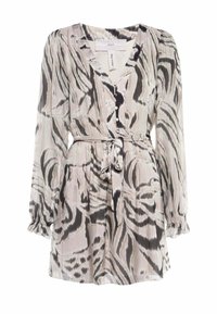 Vestito a maniche corte con scollatura a V, caratterizzato da un motivo astratto nero e crema, chiusura con bottoni e cintura annodata in vita. Realizzato in tessuto leggero.