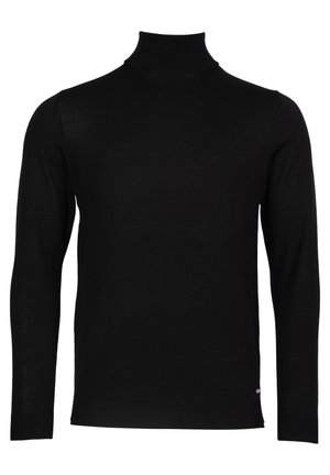 Maglione a collo alto di colore nero realizzato in un tessuto a maglia fine, con maniche lunghe e una silhouette aderente. Design minimalista senza motivi visibili.