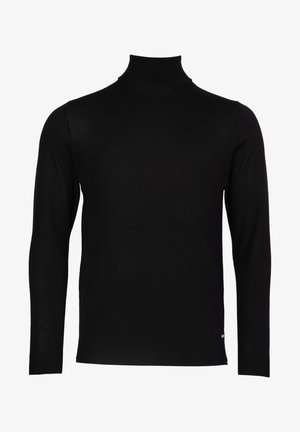 Schwarzer Rollkragenpullover aus feinem Strickstoff, mit langen Ärmeln und taillierter Silhouette. Minimalistisches Design ohne sichtbare Muster.
