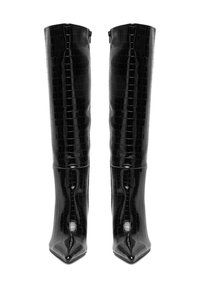 Boots negre până la genunchi, cu o textură lucioasă de crocodil, vârf ascuțit și închidere cu fermoar în spate. Finisaj neted și siluetă elegantă.