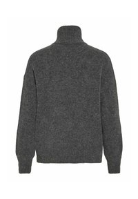 Šedý pletený rolák s dlouhými rukávy, žebrovanými manžetami a měkkou texturou, s volným střihem a minimalistickým designem.