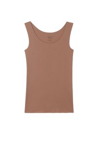Bruine tanktop met een brede halslijn en een mouwloos ontwerp, gemaakt van zachte, rekbare stof met een gladde, gelijkmatige textuur.