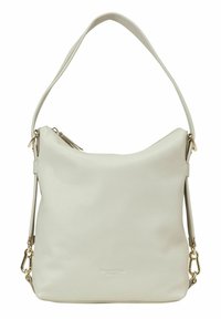 Cremfarbene Leder-Schultertasche mit goldenen Beschlägen, einem Reißverschluss oben und einem abnehmbaren Trageriemen.