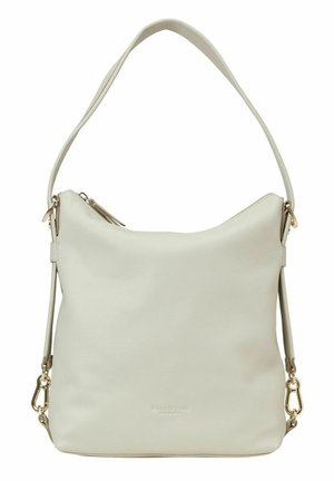 Cream-colored leather shoulder bag with gold hardware, a zippered top, and a detachable strap.