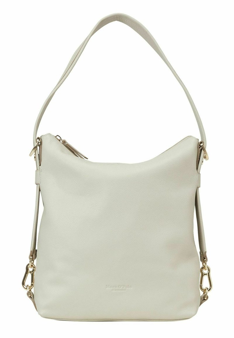 Cremfarbene Leder-Schultertasche mit goldenen Beschlägen, einem Reißverschluss oben und einem abnehmbaren Trageriemen.