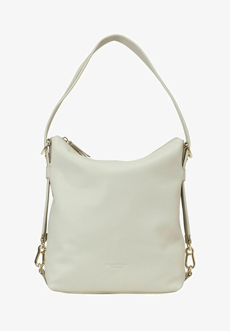 Cremfarbene Leder-Schultertasche mit goldenen Beschlägen, einem Reißverschluss oben und einem abnehmbaren Trageriemen.