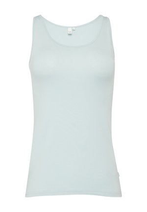 Top sans manches ajusté pour femme, couleur bleu clair, avec un col rond, au design simple et une petite étiquette de marque près de l'ourlet.