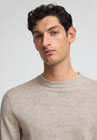 Hellebeige, Pullover mit Rundhalsausschnitt aus weichem, strukturiertem Stoff. Besitzt ein dezentes, meliertes Muster und einen gerippten Halsausschnitt.