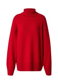 Roter Rollkragenpullover mit lockerer Passform, gerippter Textur am Kragen und Saum, weiten Ärmeln und einfarbig ohne Muster oder Akzente.