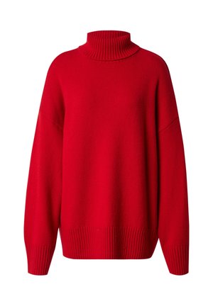 Roter Rollkragenpullover mit lockerer Passform, gerippter Textur am Kragen und Saum, weiten Ärmeln und einfarbig ohne Muster oder Akzente.