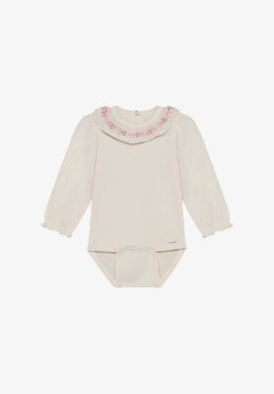Kremfarvet langærmet babybody med flæset krave, der har pink og beige blomsterbroderi samt trykknapper i bunden.